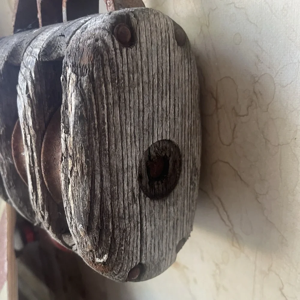 Vintage Industrial Triple Sheave Wooden Pulley